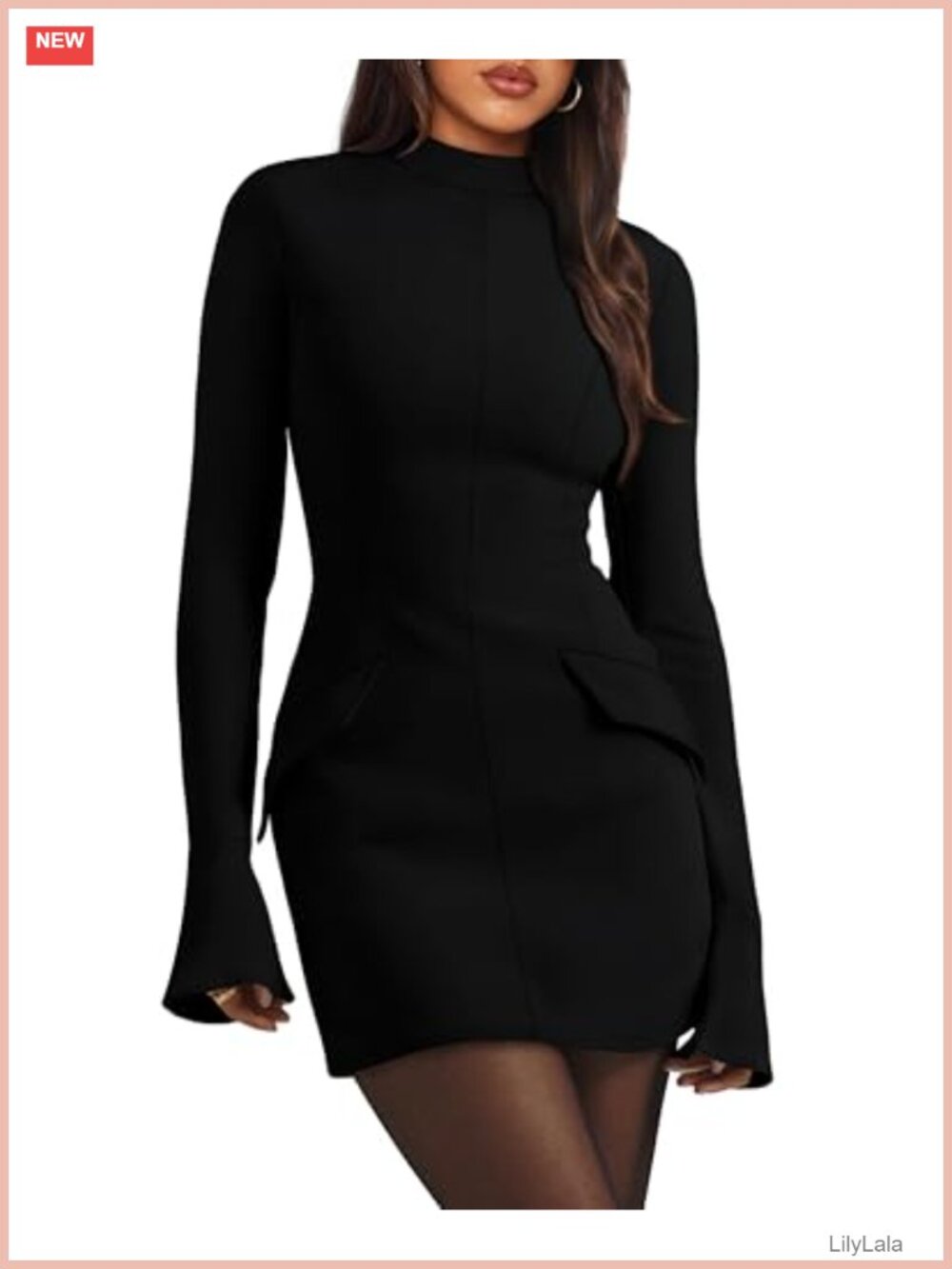 Women's Long Sleeve Mock Neck Bodycon Mini Dress Ruffle Cuffs